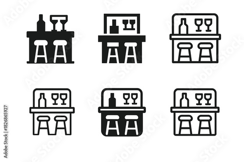 Home Bar Icons. Home bar and entertainment area design. Icon set. Set Logo of home bar and entertainment area design: Bar counter with stools. harmonious logo