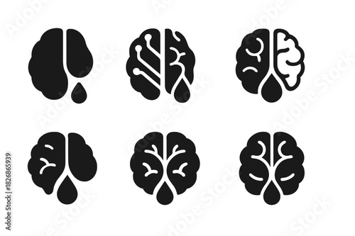 Brain and Emotion Icons. The brain's role in anxiety and depression. Icon set. Set Logo of the brain's role in anxiety and depression: brain circuit merging