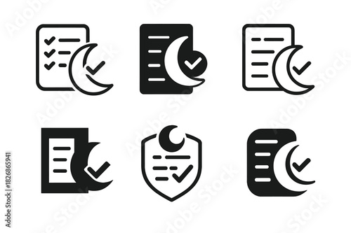 Sleep Wellness Icons. Sleep wellness. Icon set. Set Logo of Sleep wellness: bedtime routine checklist with moon tick. harmonious logo variations of the same