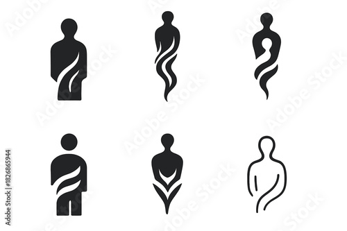 Soul Emblem Variations. Soul leaving the body. Icon set. Set Logo of soul leaving the body: Energy wave emanating from human form. harmonious logo variations