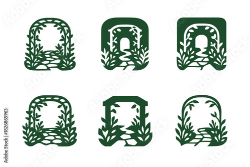 Garden Path Icons. Decorative stone paths through a garden with plants on both sides. Icon set. Set Logo of Decorative stone paths through a garden with plants