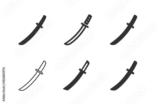 Sword Prop Logos. Sword props. Icon set. Set Logo of Sword props: Katana. harmonious logo variations of the same emblematic concept (Filled silhouette,