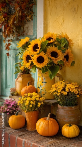 Bright Sunflowers and Pumpkins Create a Warm Fall Scene on a Porch