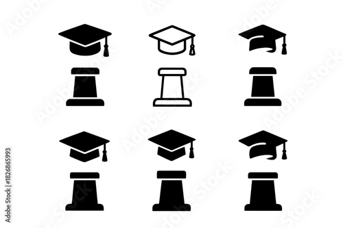 Graduation Cap Logos. Graduation cap toss. Icon set. Set Logo of graduation cap toss: cap landing on podium. harmonious logo variations of the same emblematic
