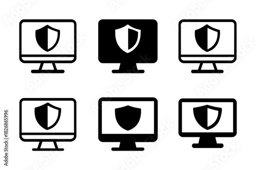 Antivirus Icons Collection. Installing antivirus software. Icon set. Set Logo of Installing antivirus software: desktop monitor with shield badge. harmonious