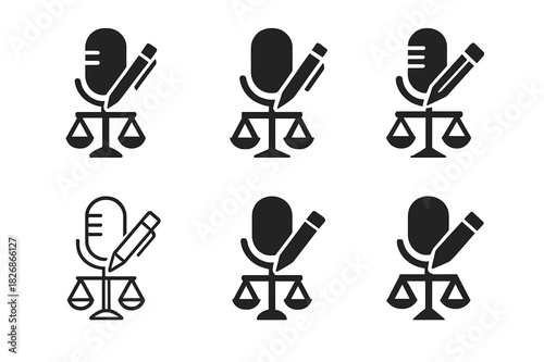 Journalism Ethics Icons. Journalism ethics and bias. Icon set. Set Logo of journalism ethics and bias: microphone, pen, and balance integrated in one design.