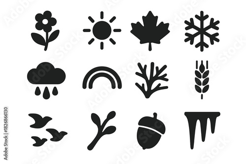 Seasons Icon Grid. Seasons in Nature Painting. Solid icon set of Seasons in Nature Painting: spring blossom, summer sun, autumn leaf, winter snowflake, rain