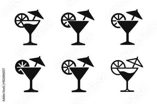 Mocktail Logo Variations. Mocktails. Icon set. Set Logo of mocktails: cocktail glass with citrus slice and umbrella. harmonious logo variations of the same