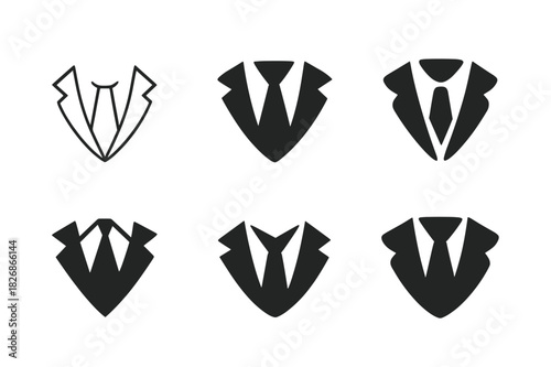 Suit Logo Variations. Wearing suit. Icon set. Set Logo of wearing suit: minimalist suit collar with tie knot center. harmonious logo variations of the same