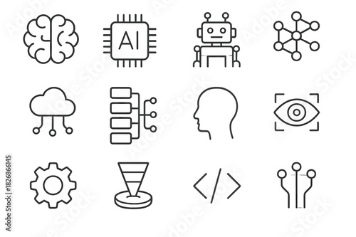 AI Icon Set. Artificial intelligence. Line icon set of artificial intelligence: brain, microchip, robot, neural network, cloud connection, data flow, head