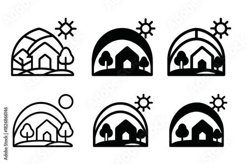 Rural Climate Adaptation. Rural communities and their adaptation to changing climates. Icon set. Set Logo of Rural communities and their adaptation to changing