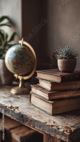 Books Stacked on a Rustic Table With a Globe and a Small Plant in a Cozy Stud...