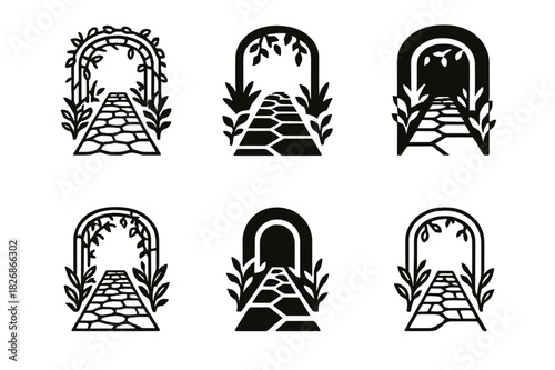 Garden Path Icons. Decorative stone paths through a garden with plants on both sides. Icon set. Set Logo of Decorative stone paths through a garden with plants