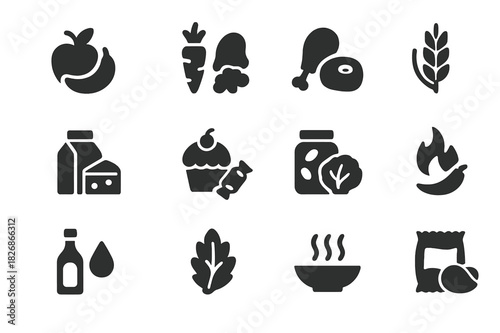 Food Icon Set. Food types. Solid icon set of Food types: fruits, vegetables, meat, grains, dairy, sweets, fermented food, spicy food, fatty food, bitter