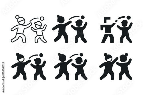 Snowball Fight Logos. Snowball fight. Icon set. Set Logo of snowball fight: playful kids mid-throw with arcing snowballs. harmonious logo variations of the