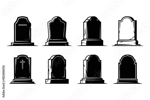Collection of Eight Gravestones and Tombstones in Various Styles