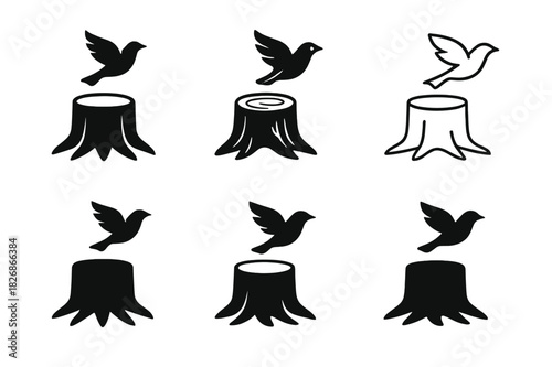 Biodiversity Loss Icons. biodiversity loss. Icon set. Set Logo of biodiversity loss: tree stump with departing bird. harmonious logo variations of the same