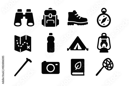 Nature Exploration Icons. Nature exploration. Solid icon set of nature exploration: binoculars, backpack, hiking boots, compass, map, water bottle, tent,