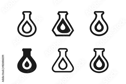 Flask Logo Variations. Flasks. Icon set. Set Logo of flasks: liquid drop inside flask. harmonious logo variations of the same emblematic concept, each with