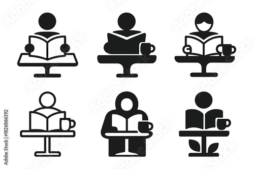 Reading Icon Variations. A person reading a self-help book at a cafe or library. Icon set. Set Logo of A person reading a self-help book at a cafe or library: