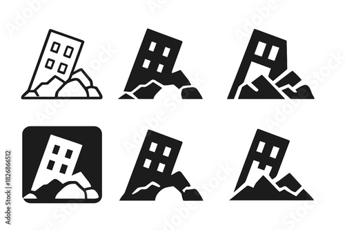 Collapsed Building Logos. Collapsed buildings. Icon set. Set Logo of Collapsed buildings: Rubble pile. harmonious logo variations of the same emblematic
