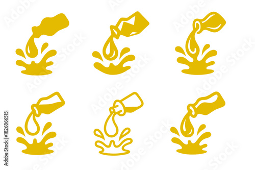 Olive Oil Logos. pouring olive oil. Icon set. Set Logo of pouring olive oil: oil splash. harmonious logo variations of the same emblematic concept, each with