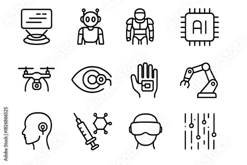 Futuristic Tech Icons. Futuristic Technology. Line icon set of Futuristic Technology: holographic screen, robotic assistant, exosuit, AI chip, drone,