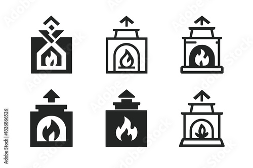 Fireplace Logo Variations. Lighting the fireplace. Icon set. Set Logo of Lighting the fireplace: chimney draft arrow above cap. harmonious logo variations of