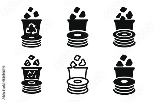 Innovative Recycling Icons. Plastic recycling and upcycling innovations. Icon set. Set Logo of Plastic recycling and upcycling innovations: filament spool