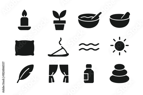 Healing Icons Set. Healing Environment. Solid icon set of Healing Environment: candlelight, plant, water bowl, singing bowl, pillow, incense, gentle wave,