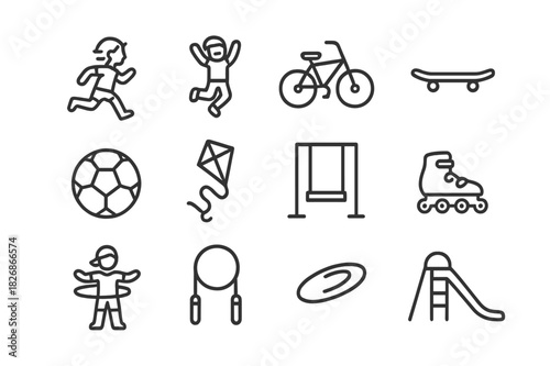 Youthful Energy Icons. Youthful Energy. Line icon set of Youthful Energy: running child, jumping kid, bicycle, skateboard, soccer ball, kite, swing, roller