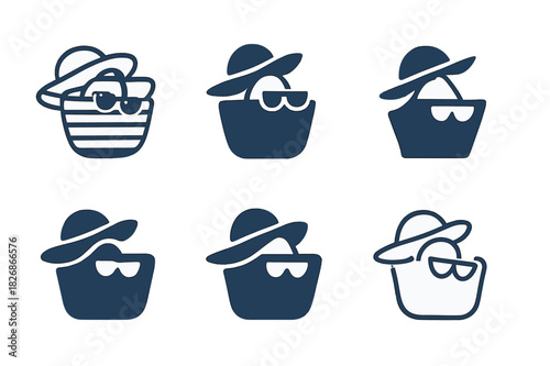 Beach Bag Icons. Packing a beach bag. Icon set. Set Logo of packing a beach bag: beach bag with hat and sunglasses resting on top. harmonious logo variations