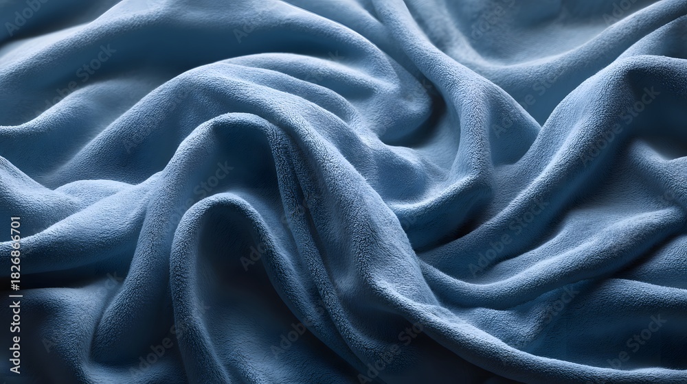 Fototapeta premium Soft, rumpled fabric displays numerous undulating folds and valleys in a deep blue color