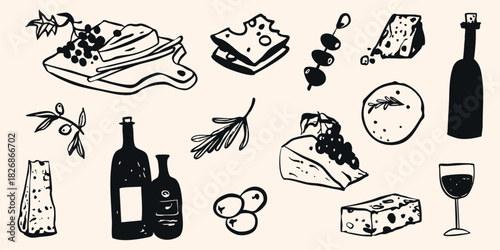 Elegant charcuterie board illustration featuring bottles, glasses, grapes, and Italian snacks in minimalist line art style ideal for summer party invitations