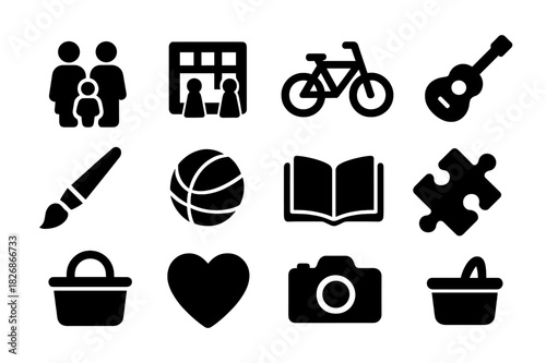 Family Hobby Icons. Shared hobbies in families. Solid icon set of shared hobbies in families: parents, child, board game, bicycle, guitar, paintbrush, ball,