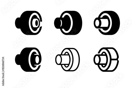 Pipe Insulation Icons. Pipe Insulation Materials. Icon set. Set Logo of energy-safe system: layered insulation around metal pipe. harmonious logo variations of