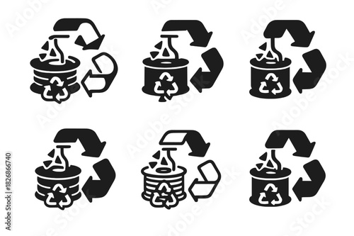Innovative Recycling Icons. Plastic recycling and upcycling innovations. Icon set. Set Logo of Plastic recycling and upcycling innovations: filament spool