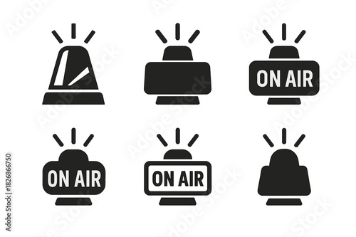 Broadcast Logos Collection. Broadcast journalism. Icon set. Set Logo of Broadcast journalism: ?ON AIR? studio light sign. harmonious logo variations of the