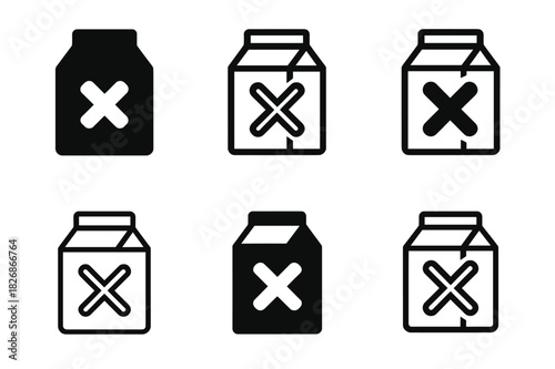 Fridge Cleaning Icons. Cleaning out the refrigerator. Icon set. Set Logo of Cleaning out the refrigerator: expired milk carton with X mark. harmonious logo