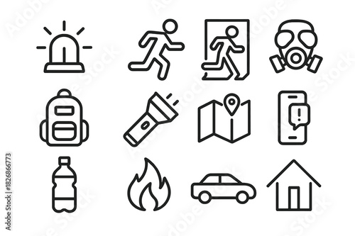 Emergency Evacuation Icons. Evacuating under duress. Line icon set of evacuating under duress: warning siren, running figure, emergency exit, backpack,