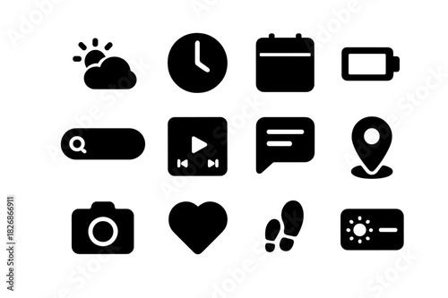 Mobile Widgets Icons. Mobile widgets. Solid icon set of mobile widgets: weather widget, clock, calendar, battery, search bar, music player, message preview,