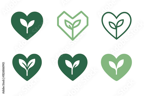 Plant-Based Diet Icons. Plant-Based Diet. Icon set. Set Logo of Plant-Based Diet: plant heart symbol. harmonious logo variations of the same emblematic