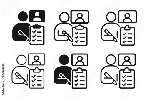 Conference Call Icons. Taking notes during a conference call. Icon set. Set Logo of Taking notes during a conference call: action items checklist. harmonious