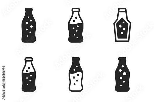 Soda Pop Icons. Soda pop. Icon set. Set Logo of soda pop: glass bottle with bubbles. harmonious logo variations of the same emblematic concept, each with