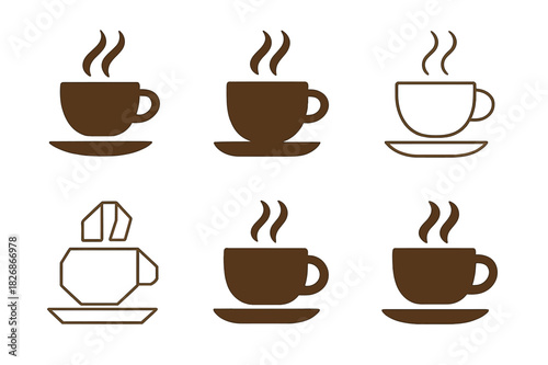 Coffee Logo Variations. Drinking Coffee. Icon set. Set Logo of Drinking Coffee: Coffee Cup on Saucer. harmonious logo variations of the same emblematic