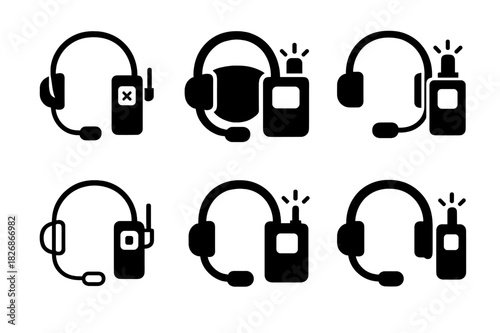 Theater Icon Variations. Theater rehearsal scene. Icon set. Set Logo of Theater rehearsal scene: stage manager headset and cue light. harmonious logo