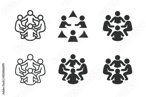 Theater Logo Variations. Theater rehearsal scene. Icon set. Set Logo of Theater rehearsal scene: ensemble circle of actors. harmonious logo variations of the