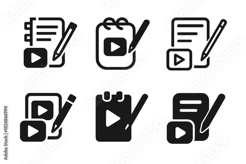 Content Creator Icons. Content creators making videos or writing blogs. Icon set. Set Logo of Content creators making videos or writing blogs: Notebook and