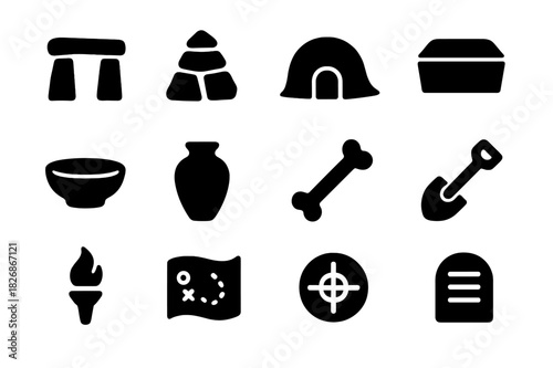 Ancient Burial Icons. Ancient Burial Site. Solid icon set of Ancient Burial Site: stone circle, cairn, burial mound, sarcophagus, offering bowl, clay pot,