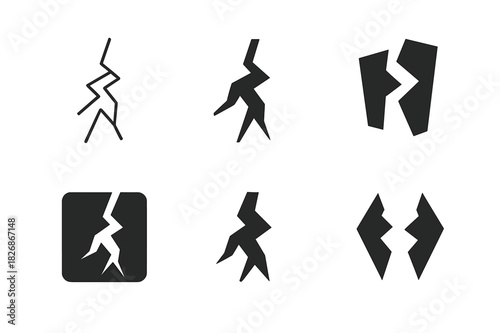 Crack Logo Variations. Crack. Icon set. Set Logo of crack: crack in pavement. harmonious logo variations of the same emblematic concept (Abstract geometric,